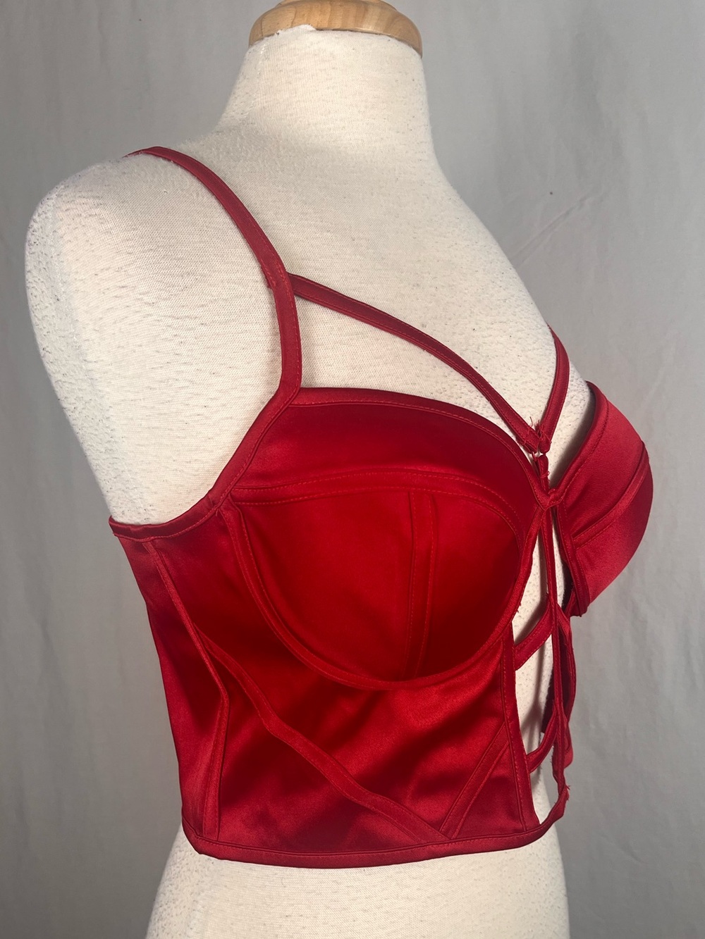 Red Satin Bustier Size Large Strappy Sexy Lingerie Push Up Corset Padded